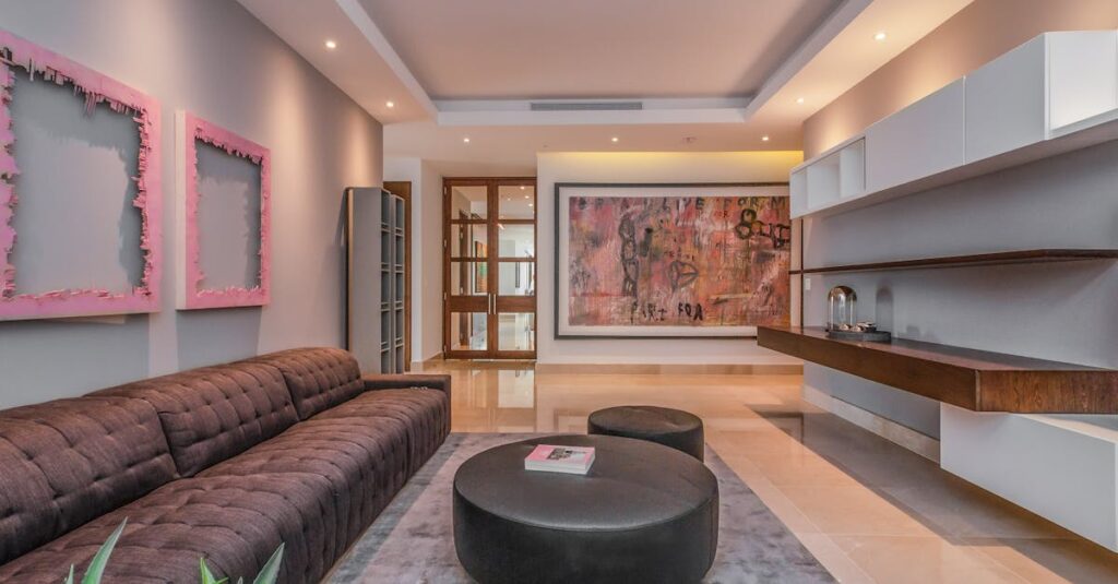 Stylish modern living room featuring minimalist design and contemporary art.
