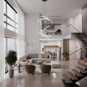 Spacious modern duplex living room with chic furnishings and expansive windows.